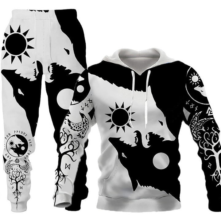 A Maramalive™ Hooded Tracksuit with Three-dimensional Art, featuring a black and white wolf design, sun and moon symbols, and intricate patterns.