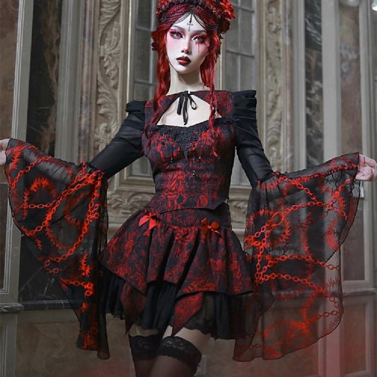 A woman in a Maramalive™ Gothic Red And Black Embossed Jacquard Lace Embroidered Top for an SEO product description.