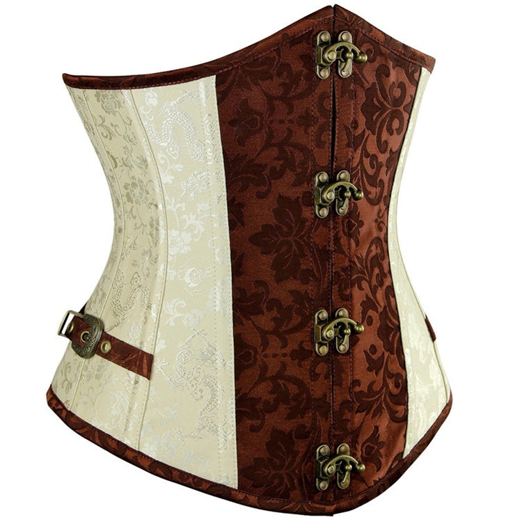A Gothic Short Waist Seal Belly Corset with a brown and white design by Maramalive™.