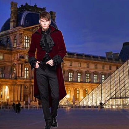 A rebellious man in a Maramalive™ Old fashioned Tuxedo Tails Coat - Victorian Swallowtail Punk Jacket standing in front of the Louvre.