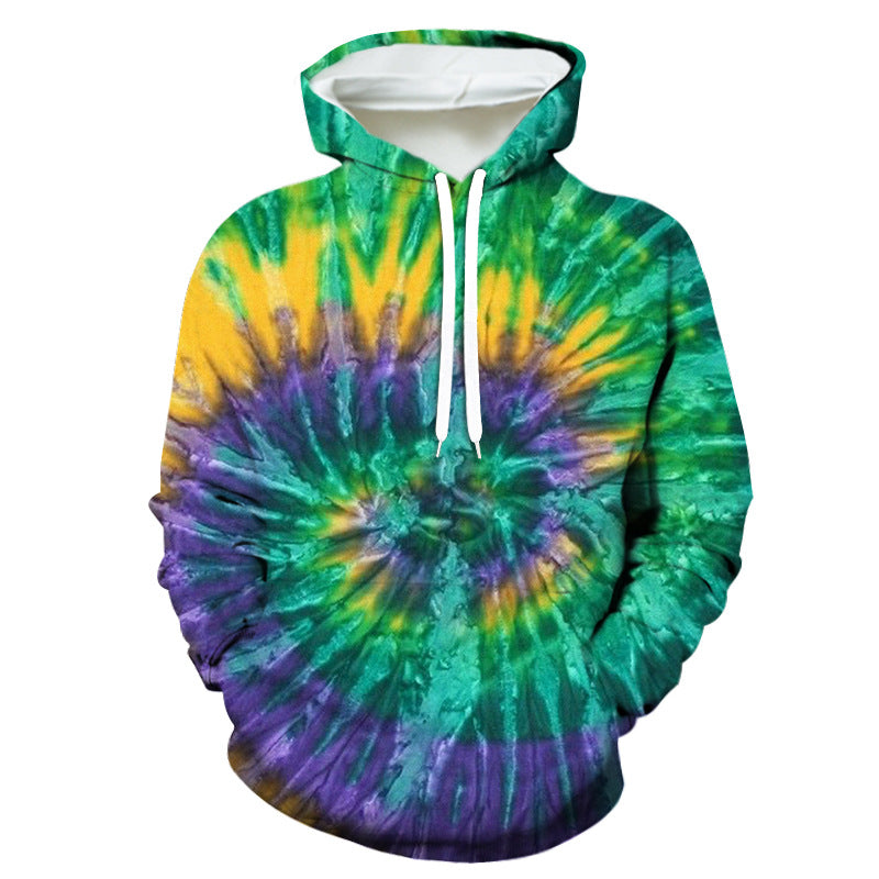 A 3D Digital Printing Couple Wear Trend Fashion Sweater Hoodie from Maramalive™ with a vibrant pattern of green, yellow, and purple swirls. This European and American style hoodie features a white drawstring and a front pocket, crafted from durable polyester fiber.