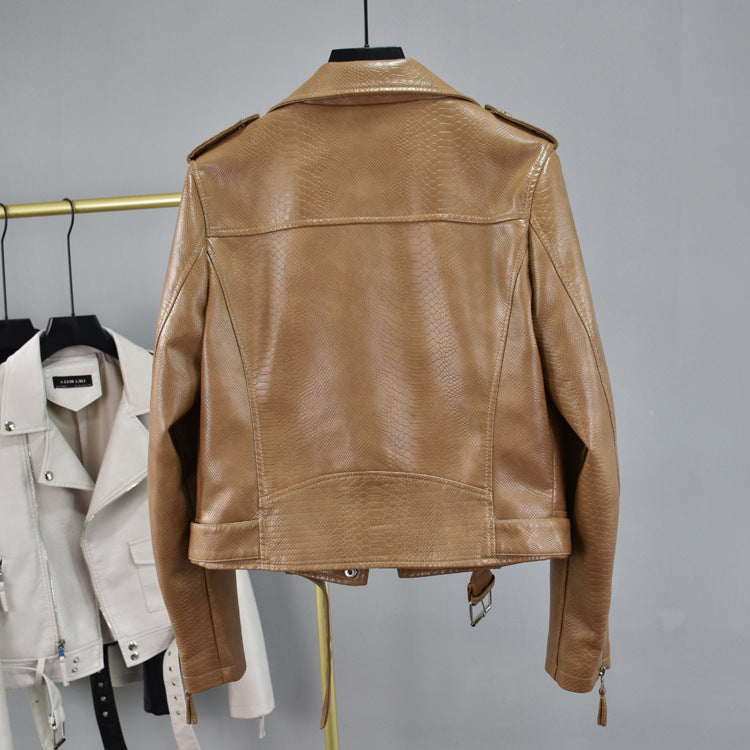 A group of Maramalive™ Retro Faux Leather Textured Jacket - Vintage Vegan-Friendly Leather Coat Tan, Ivory and Black