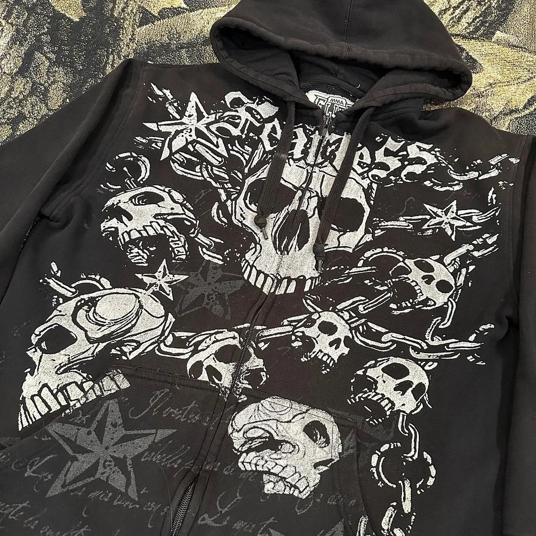 Maramalive™ Punk Dark Skull Printed Hoodie Loose Zip Cardigan Sports Pullover Top featuring a design with multiple white skulls, chains, and stars. The hand-painted imagery covers the chest area and extends to the hood, adding a unique touch to this hip hop style winter sweater.