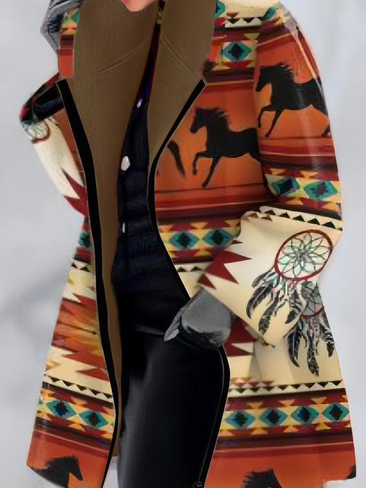A person wearing a colorful Maramalive™ Plus Size Boho Coat, Women's Plus Patchwork Print Liner Fleece Long Sleeve Zipper Hooded Tunic Coat With Pockets. The coat features a mix of orange, red, and beige tones and has a fur-lined collar perfect for winter. The person also wears black pants and a dark shirt.