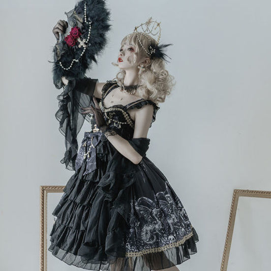 A woman in a black dress wearing a feathered hat and Dragon Control Witch Gothic Dark Strap Dress by Maramalive™ Bowknot.