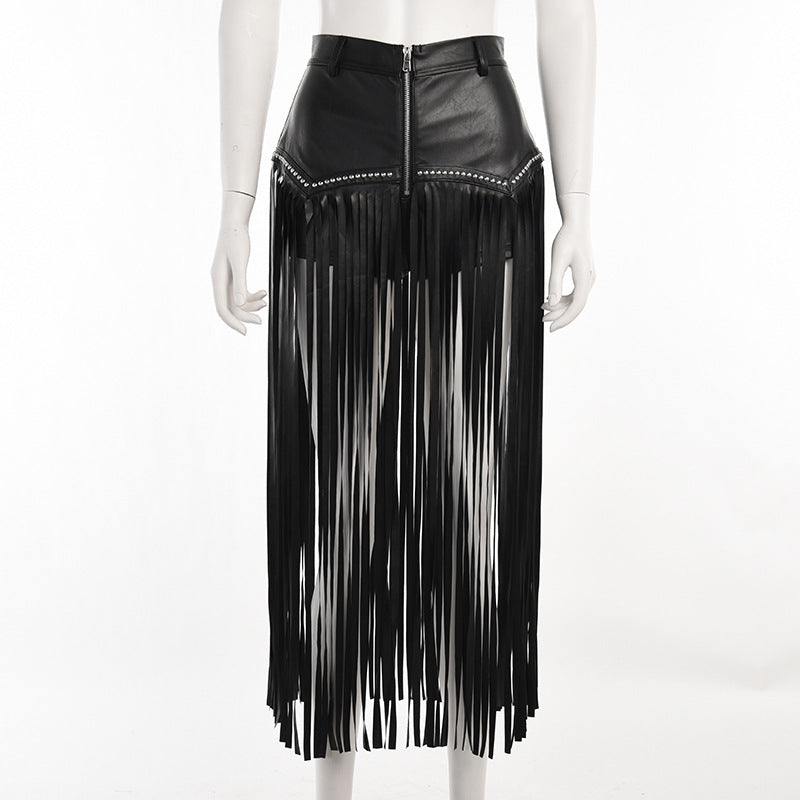 A woman wearing a Maramalive™ Rivet Fringed Gothic Short Skirt.