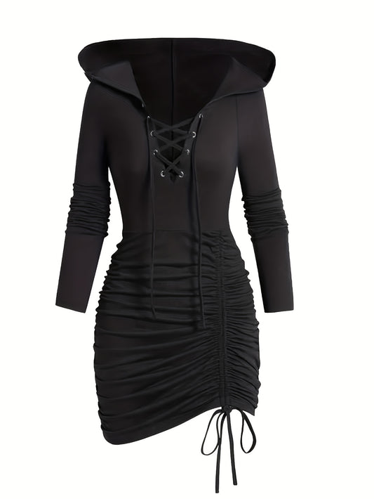 Maramalive™ Cross Tie Drawstring Ruched Hooded Tunics, Versatile Long Sleeve Solid Hooded Top: black long-sleeve dress with a hood, lace-up front, and asymmetrical hem, featuring ruched detailing on the skirt. Perfect as a casual fall/winter outfit.