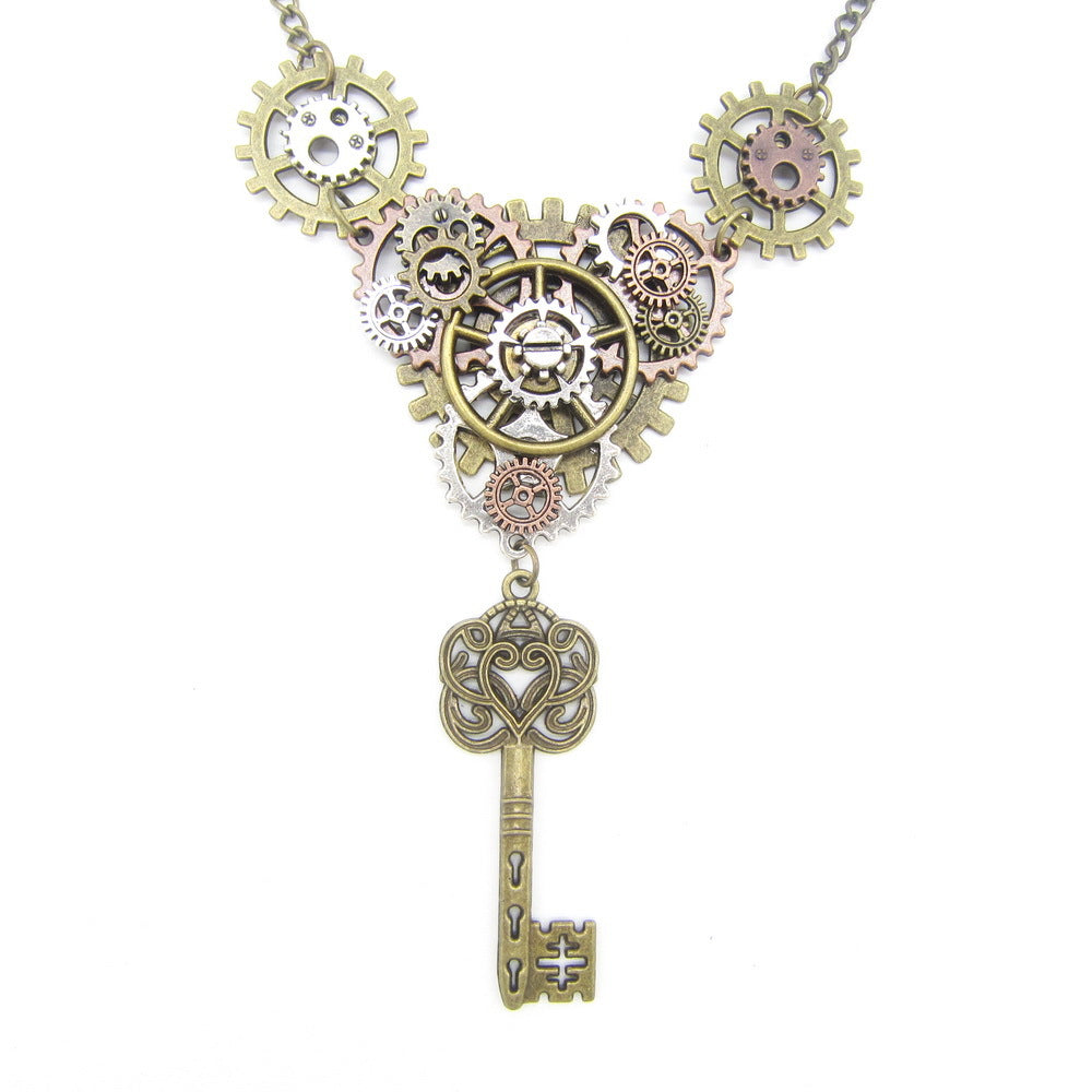 A Maramalive™ Steampunk Gear Necklace with Vintage Industrial Vibe, featuring a key and gears.