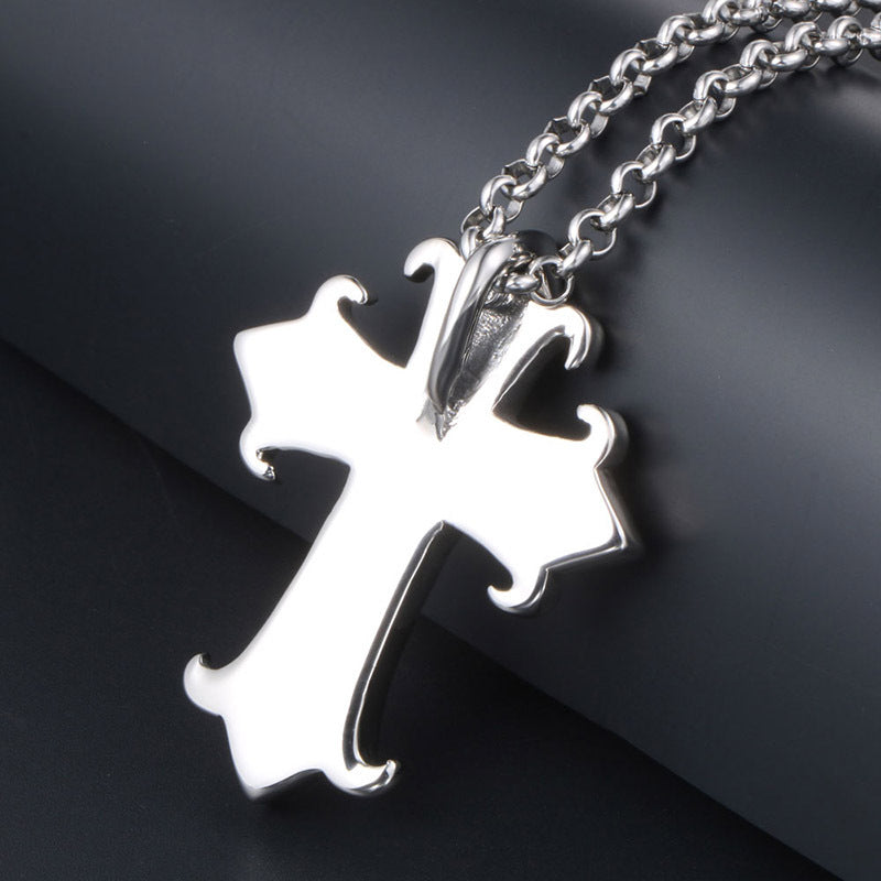 A Gothic Vintage Cross Ghost Head Men's Pendant Necklace by Maramalive™ on a black background.