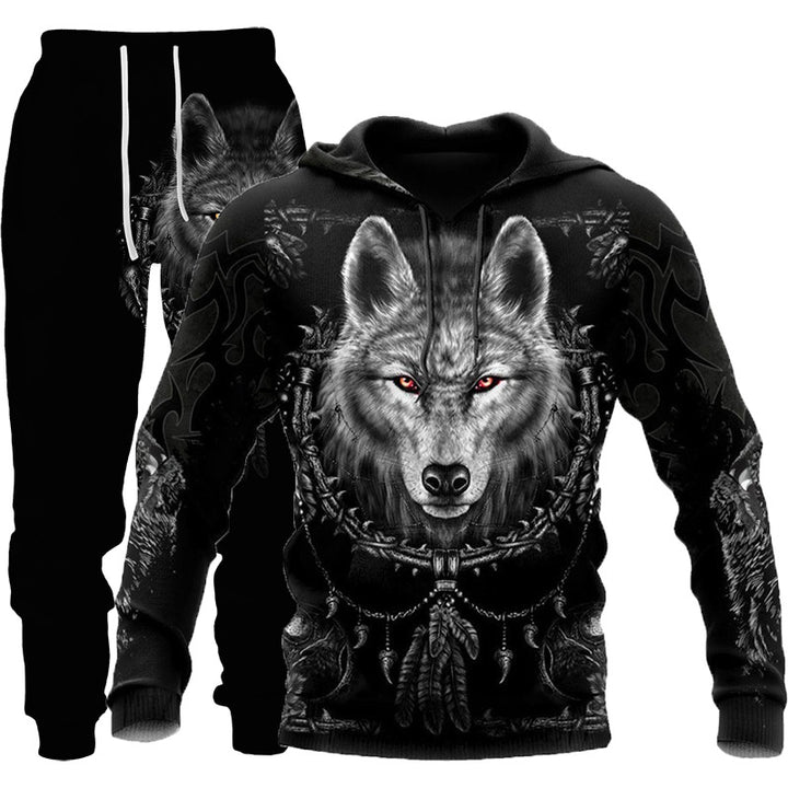 Black Maramalive™ Hooded Tracksuit with Three-dimensional Art featuring a detailed wolf design with glowing red eyes on the hoodie, embodying a punk rock style.