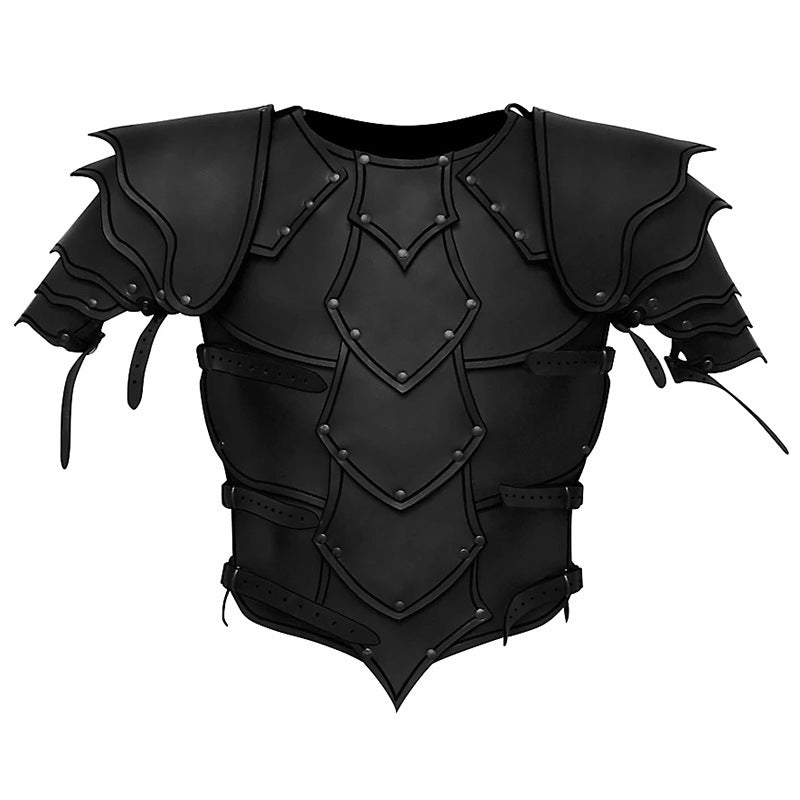 A black Anime Real-life Costume Samurai Armor COSPLAY Synthetic Leather Men's Clothing with shoulder and arm guards, featuring layered and riveted plates, crafted from durable synthetic leather for an authentic European fantasy look by Maramalive™.