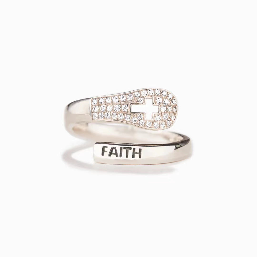 A woman wearing a Maramalive™ S925 Sterling Silver Faith Cross Zircon Ring.