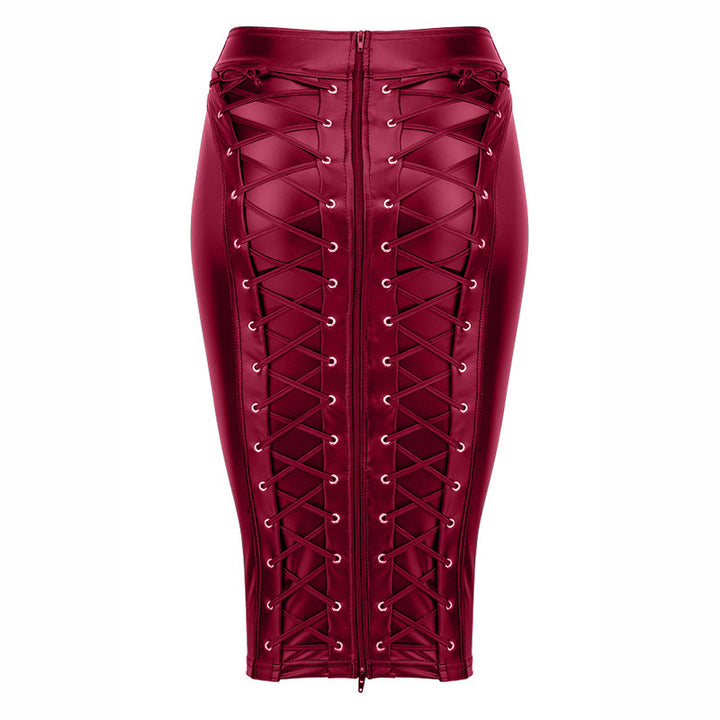 A patent leather hip skirt with lace detailing, made of artificial leather.