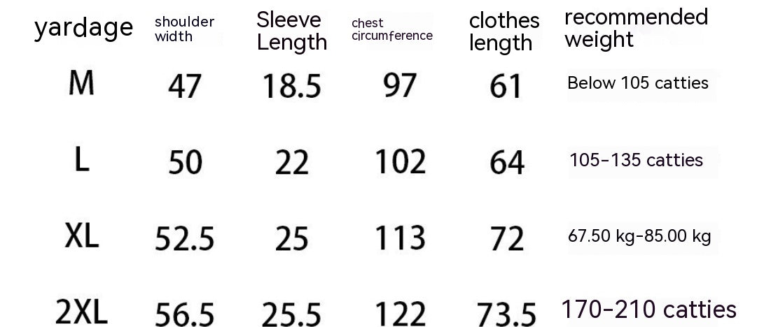 A size chart for the Dark Hip Hop Tee - Perfect for Underground Rap Fans by Maramalive™, showcasing measurements for sizes M to 2XL. It includes shoulder width, sleeve length, chest circumference, clothes length, and recommended weight in catties and kilograms. Perfect for streetwear fashion enthusiasts.