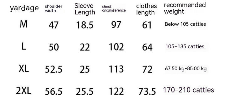 A size chart for the Dark Hip Hop Tee - Perfect for Underground Rap Fans by Maramalive™, showcasing measurements for sizes M to 2XL. It includes shoulder width, sleeve length, chest circumference, clothes length, and recommended weight in catties and kilograms. Perfect for streetwear fashion enthusiasts.