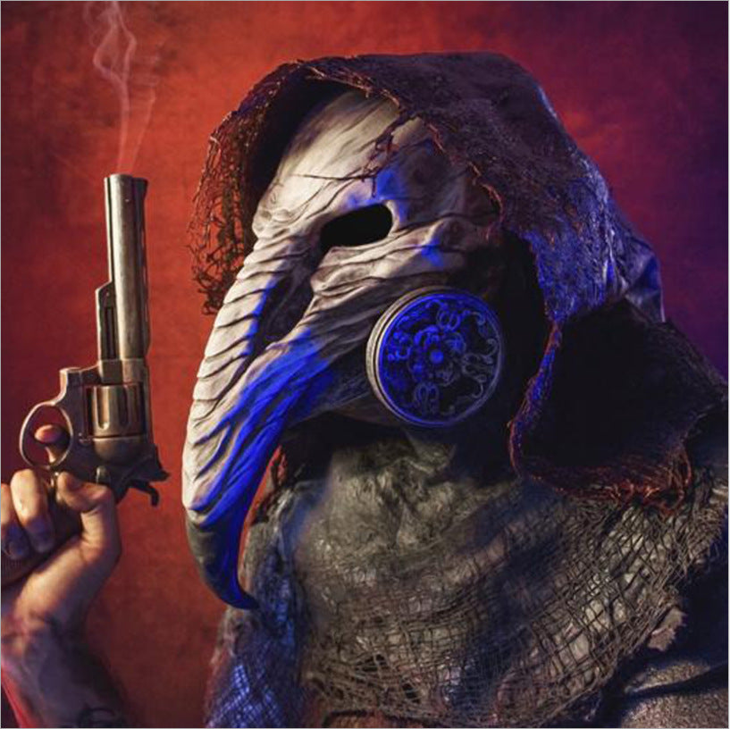 A man in a Maramalive™ Halloween Plague Doctor Mask Steampunk Beak Black Death Virus Cosplay Latex Headgear Mask holding a gun.