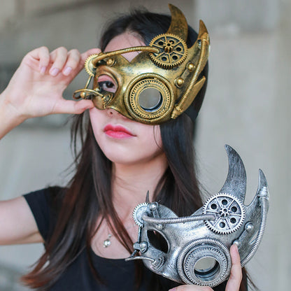 A woman in a black shirt holding a Maramalive™ Mechanical Steampunk Retro Half Face Mask.