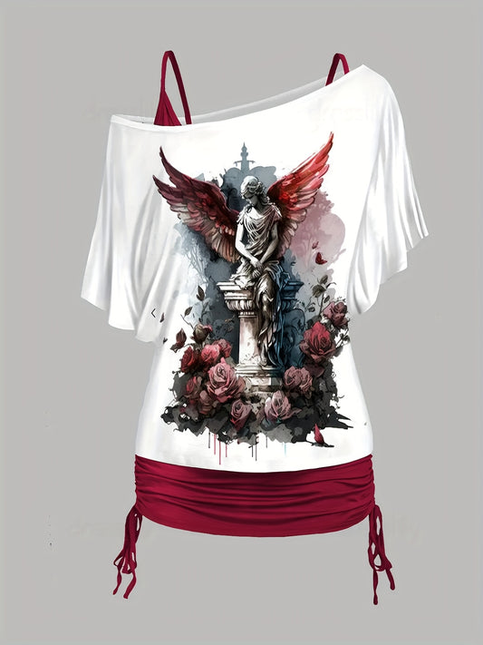 A white and red sleeveless top featuring an illustrated winged statue, roses, and gothic elements, perfect for adding vintage style to your wardrobe is the Maramalive™ Flower & Sculpture Print Two-piece Set, Cold Shoulder Batwing Sleeve Top & Drawstring V Neck Cami Top Outfits, Women's Clothing.