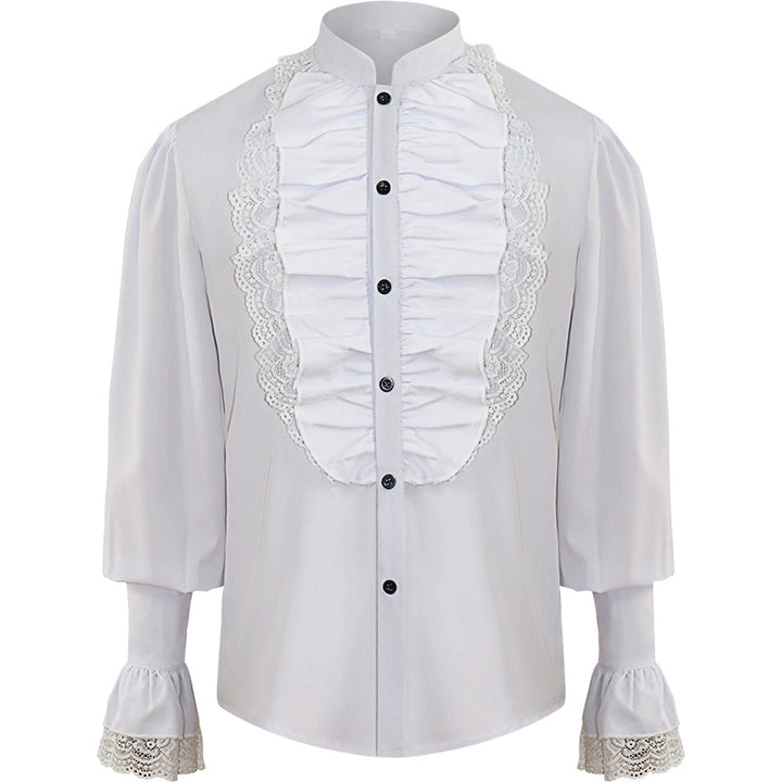 Maramalive™ Men's Pleated Pirate Shirt Medieval Renaissance Cosplay Costume Steampunk Top crafted from a cotton blend with lace trim on the front ruffles and cuffs. The solid color shirt features black buttons and a mandarin collar.