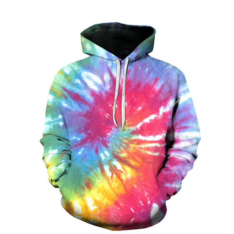 A **Maramalive™ 3D Digital Printing Couple Wear Trend Fashion Sweater Hoodie** featuring a vibrant spiral pattern with colors including blue, green, yellow, pink, and white. Embracing both European and American style, this polyester fiber hoodie has a front pocket and white drawstrings.