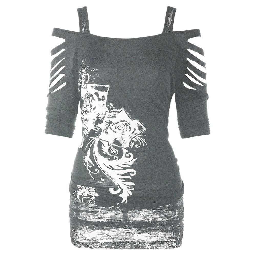 A Rebel Without a Sleeve - New Off Shoulder Printed Rock Gothic Sling T-Shirt by Maramalive™, with a rebellious design comprising black, purple, and white.