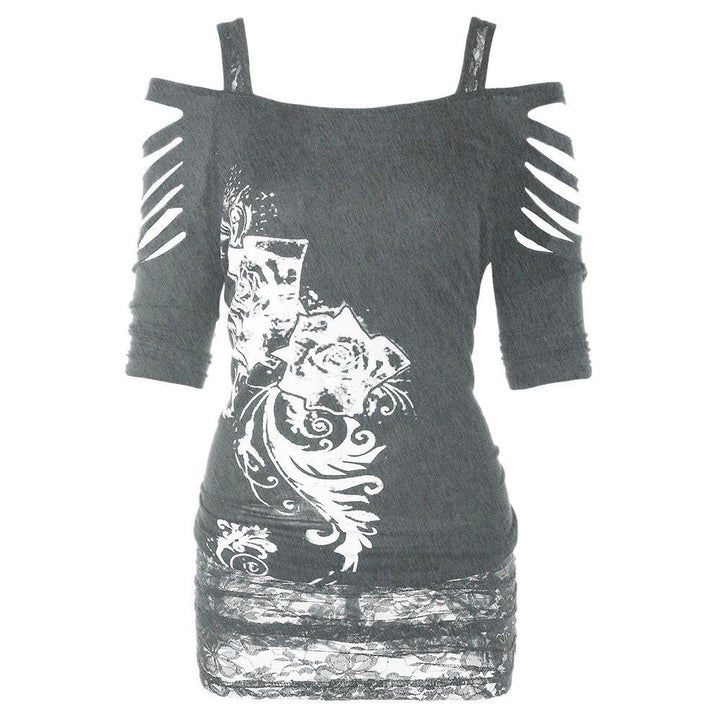 A Rebel Without a Sleeve - New Off Shoulder Printed Rock Gothic Sling T-Shirt by Maramalive™, with a rebellious design comprising black, purple, and white.