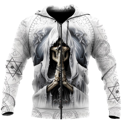 Hooded Sweatshirt with 3D Image of a Skeleton in White. 