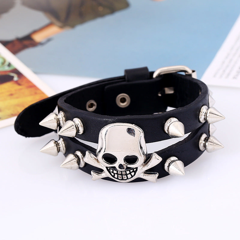 Studded Skull Leather Bracelet European And American Retro Men And Women
