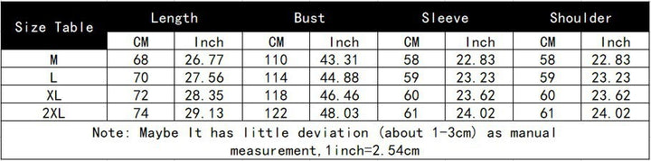 Size chart showing measurements for sizes M, L, XL, and 2XL in centimeters and inches for length, bust, sleeve, and shoulder. Note mentions possible deviations of 1-3 cm. Perfect for selecting your Maramalive™ Punk Dark Skull Printed Hoodie Loose Zip Cardigan Sports Pullover Top.