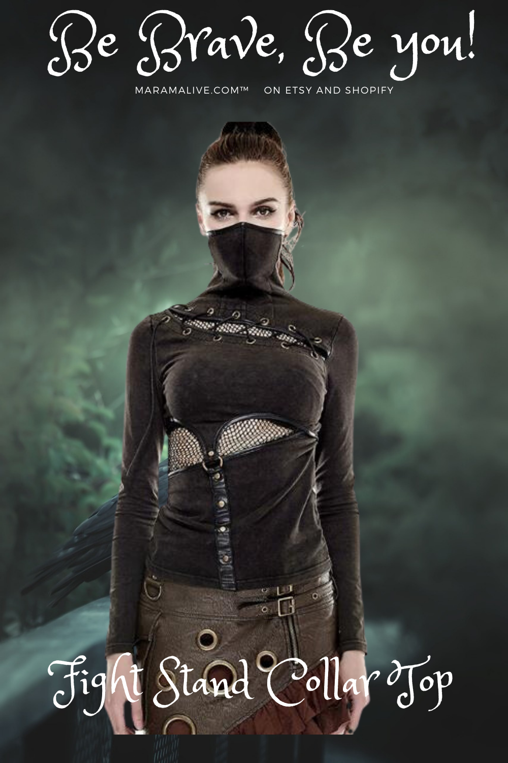 Black High Collared Shirt with lacing, leather embellishments, with long sleeves 