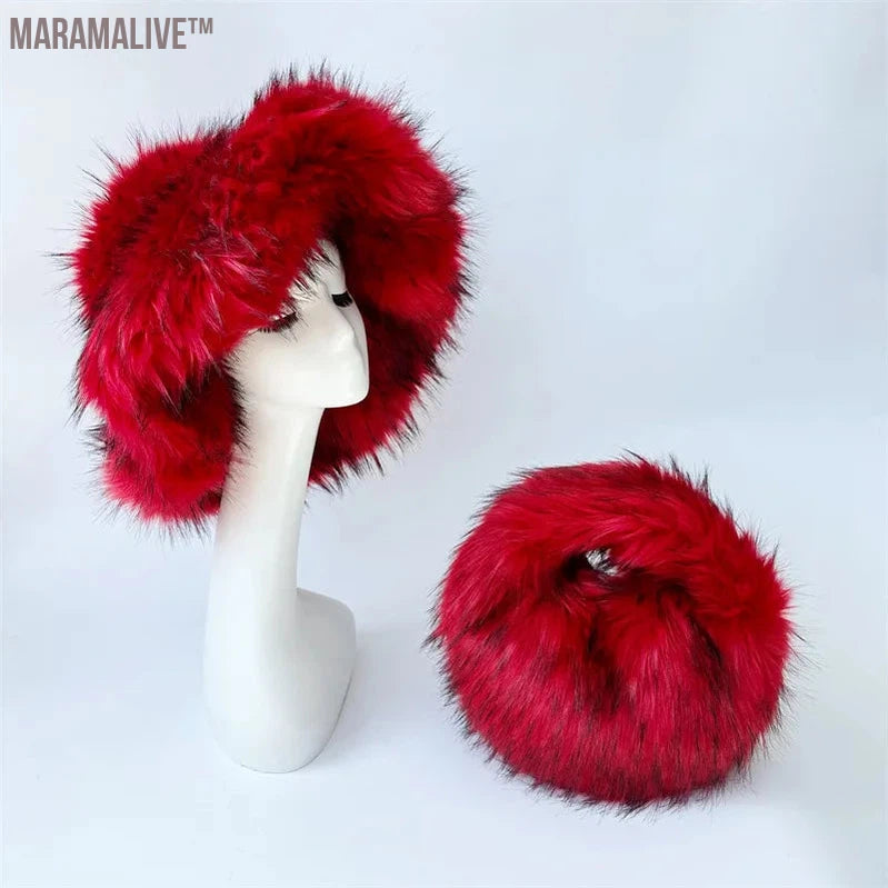 fur hat fluffy oversized Y2K bucket hat women's winter warm thickened imitation raccoon fur hat bucket hat gorros invierno mujer