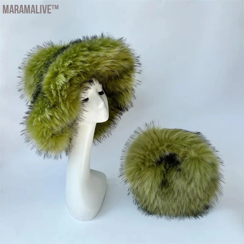 fur hat fluffy oversized Y2K bucket hat women's winter warm thickened imitation raccoon fur hat bucket hat gorros invierno mujer