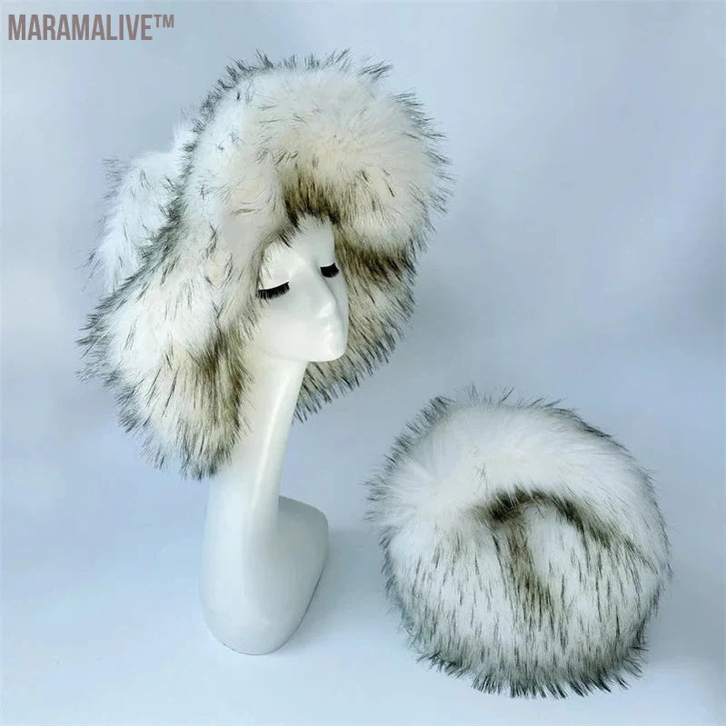 fur hat fluffy oversized Y2K bucket hat women's winter warm thickened imitation raccoon fur hat bucket hat gorros invierno mujer