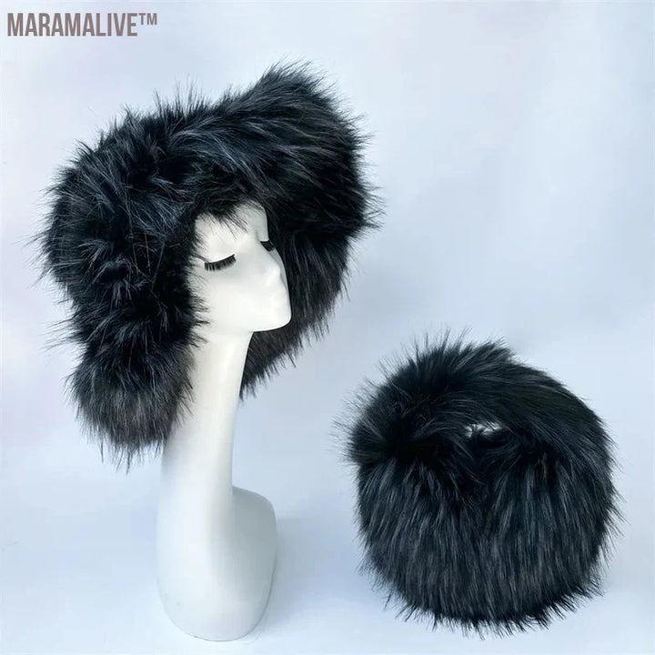 fur hat fluffy oversized Y2K bucket hat women's winter warm thickened imitation raccoon fur hat bucket hat gorros invierno mujer