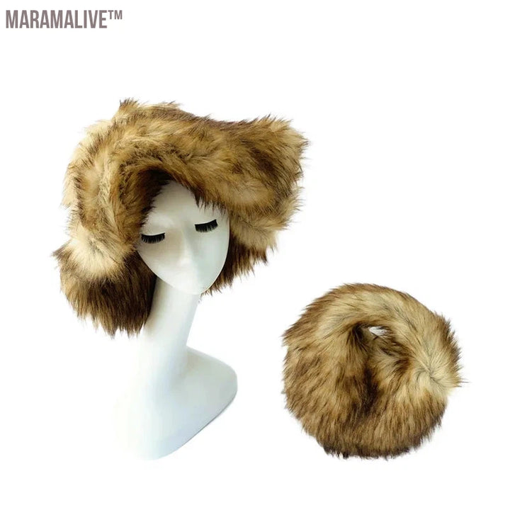 fur hat fluffy oversized Y2K bucket hat women's winter warm thickened imitation raccoon fur hat bucket hat gorros invierno mujer