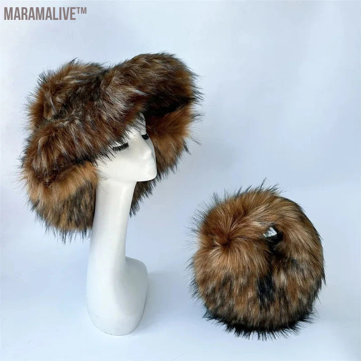 fur hat fluffy oversized Y2K bucket hat women's winter warm thickened imitation raccoon fur hat bucket hat gorros invierno mujer