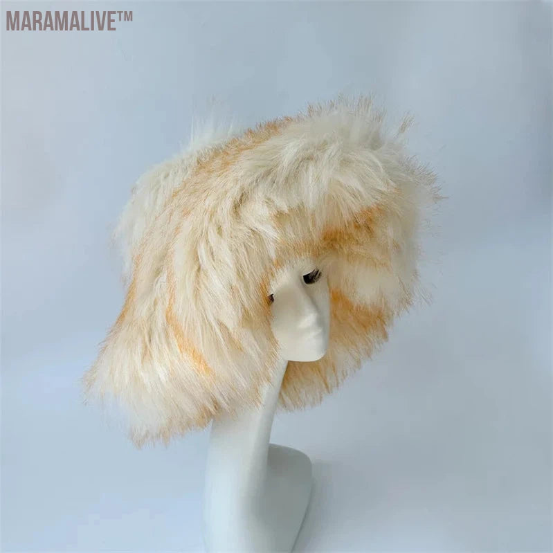 fur hat fluffy oversized Y2K bucket hat women's winter warm thickened imitation raccoon fur hat bucket hat gorros invierno mujer