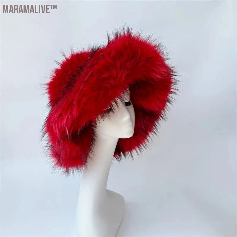 fur hat fluffy oversized Y2K bucket hat women's winter warm thickened imitation raccoon fur hat bucket hat gorros invierno mujer