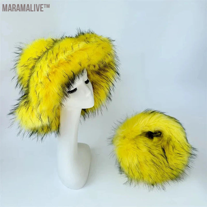 fur hat fluffy oversized Y2K bucket hat women's winter warm thickened imitation raccoon fur hat bucket hat gorros invierno mujer