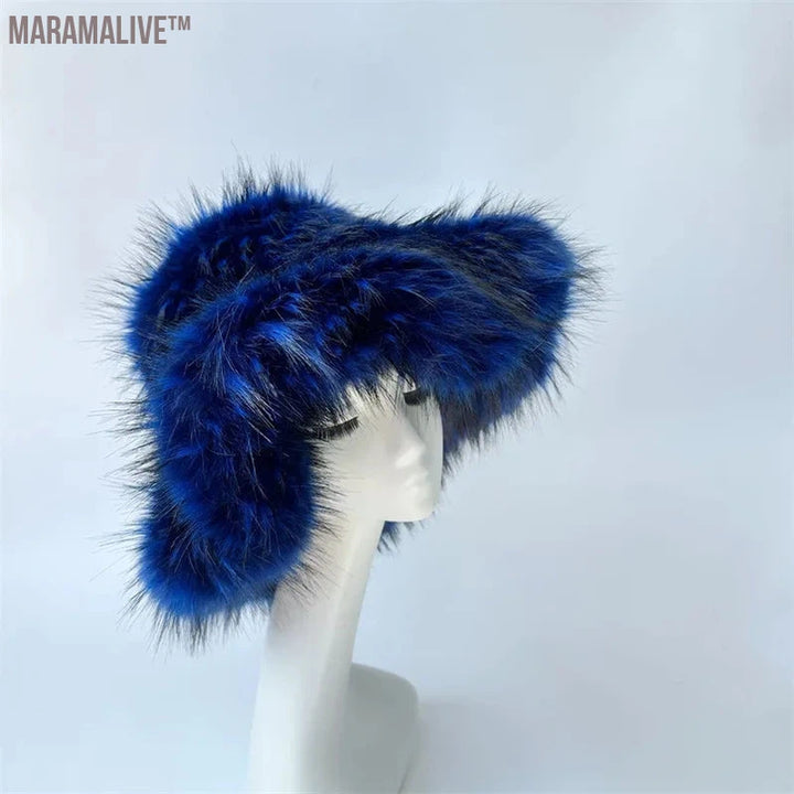 fur hat fluffy oversized Y2K bucket hat women's winter warm thickened imitation raccoon fur hat bucket hat gorros invierno mujer