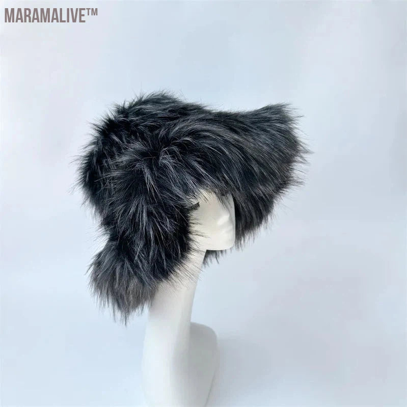 fur hat fluffy oversized Y2K bucket hat women's winter warm thickened imitation raccoon fur hat bucket hat gorros invierno mujer