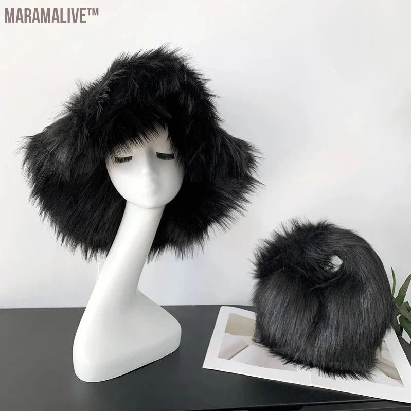 fur hat fluffy oversized Y2K bucket hat women's winter warm thickened imitation raccoon fur hat bucket hat gorros invierno mujer