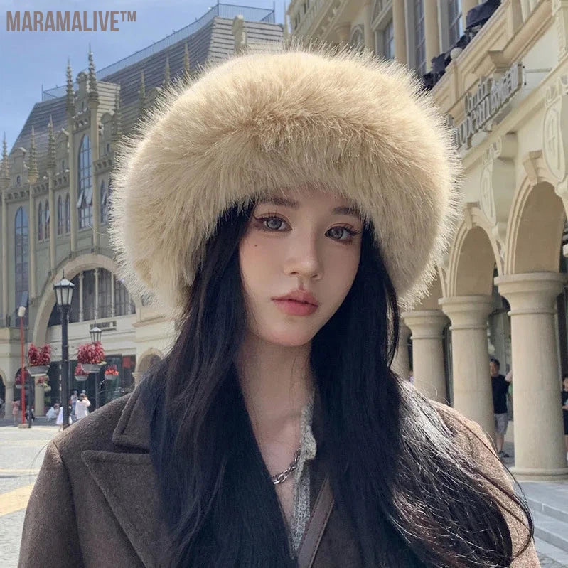 fur hat fluffy oversized Y2K bucket hat women's winter warm thickened imitation raccoon fur hat bucket hat gorros invierno mujer