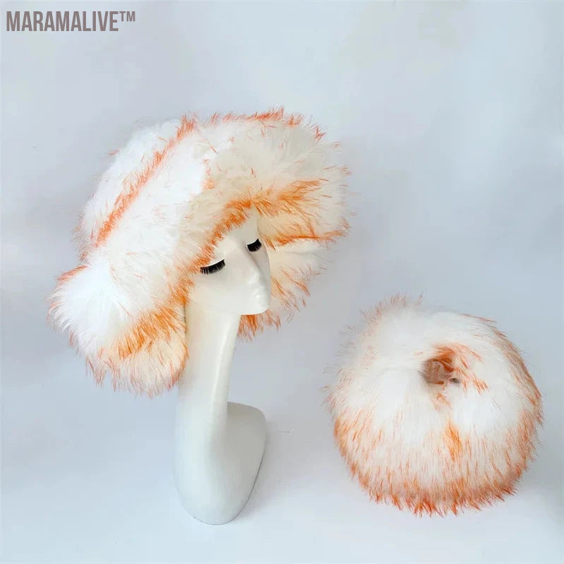 fur hat fluffy oversized Y2K bucket hat women's winter warm thickened imitation raccoon fur hat bucket hat gorros invierno mujer