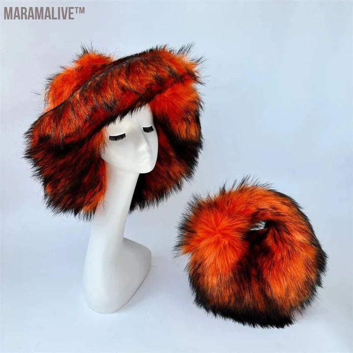 fur hat fluffy oversized Y2K bucket hat women's winter warm thickened imitation raccoon fur hat bucket hat gorros invierno mujer