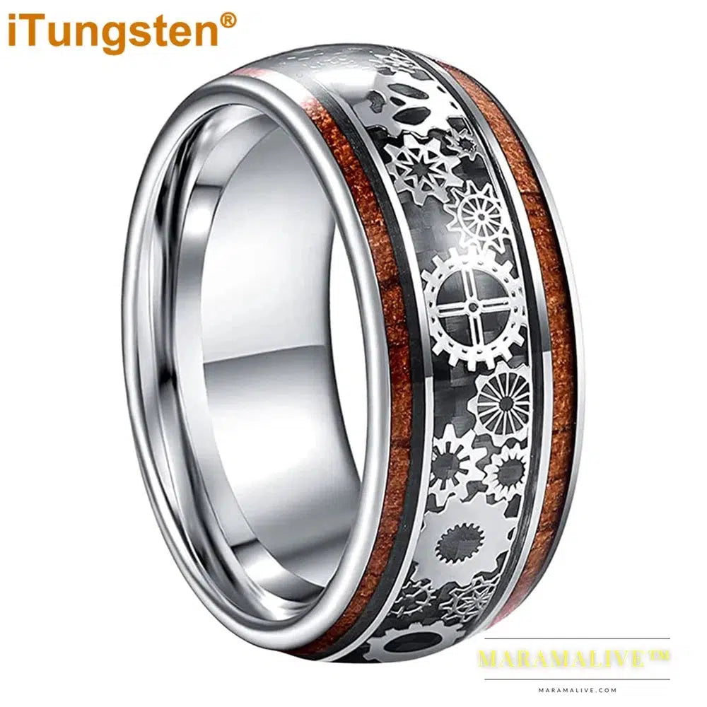 iTungsten 10mm Super Men Ring Tungsten Wedding Band Domed Polished With Wood And Steampunk Inlay