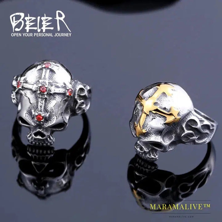 new to store Stainless Steel cross ring top quality Hot sale men Punk Skull Ring Skeleton Style fashion jewelry