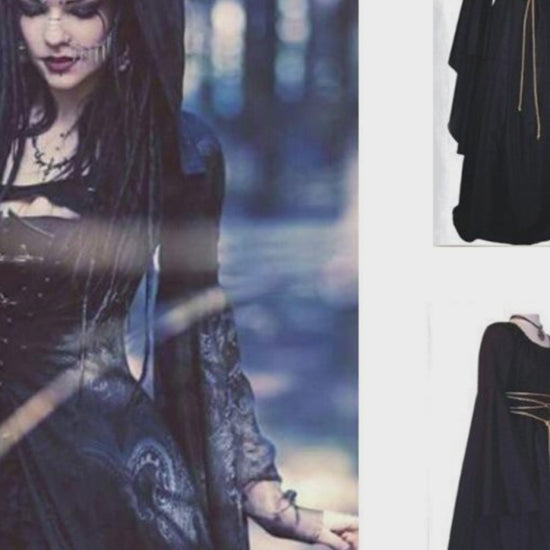 A woman in a black gothic dress with a lantern. Medieval Witch Halloween Costume -Vintage Pagan Long Sleeved Dress
