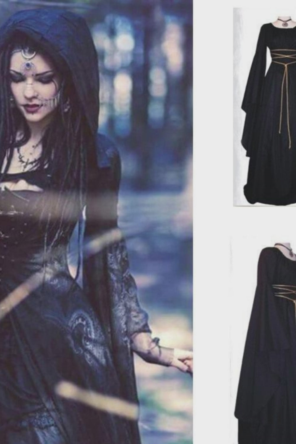 A woman in a black gothic dress with a lantern. Medieval Witch Halloween Costume -Vintage Pagan Long Sleeved Dress