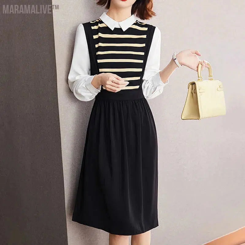 spring autumn new Contrast color Fake two pieces Midi dress women High street Casual dresses elegant Striped All-match Vestidos